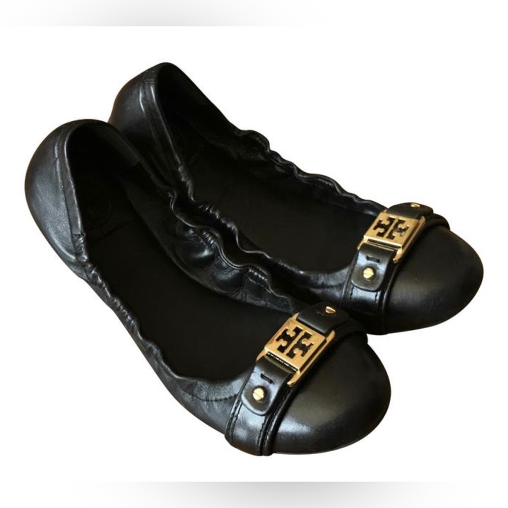Tory Burch Black Leather Gold Buckle Ballet Flats Size 5.5